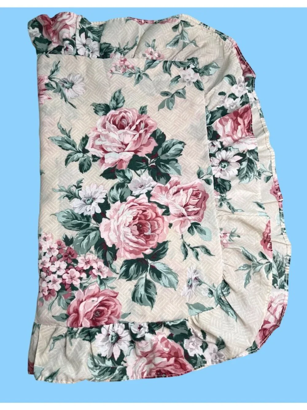 VTG Shabby Chic Cottagecore Floral Ruffled Pillow Sham Pink Cabbage Rose Flower - Picture 7 of 8